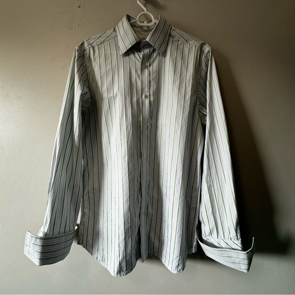 Ted Baker Endurance Striped Dress Shirt in Green and White Neck 15.5 Medium